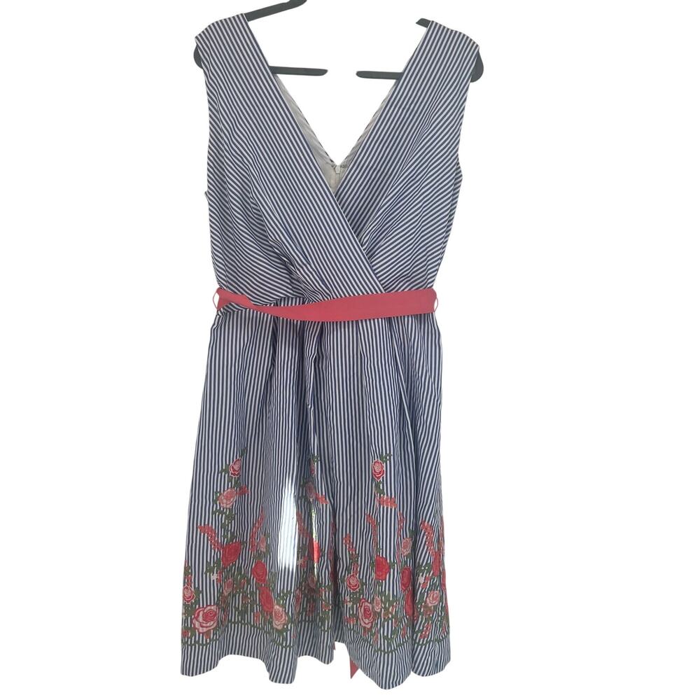 Chetta B Blue & White Seersucker Dress with Pink Sash and Floral design 14